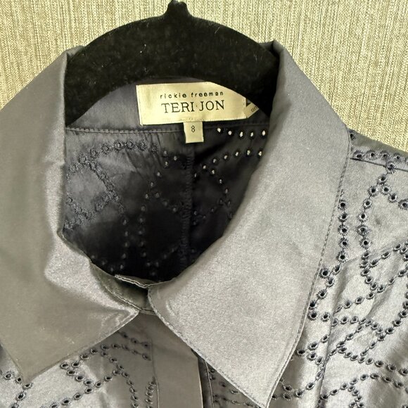 Teri Jon by Rickie Freeman Navy Embroidered Shirt Dress with Belt (Size 8) - Picture 2 of 5